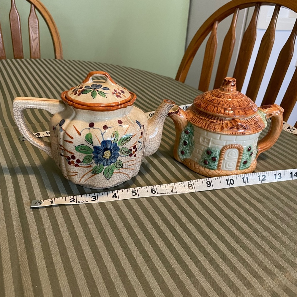Hand-Painted Floral Ceramic Teapot Pair - Blue & Cream